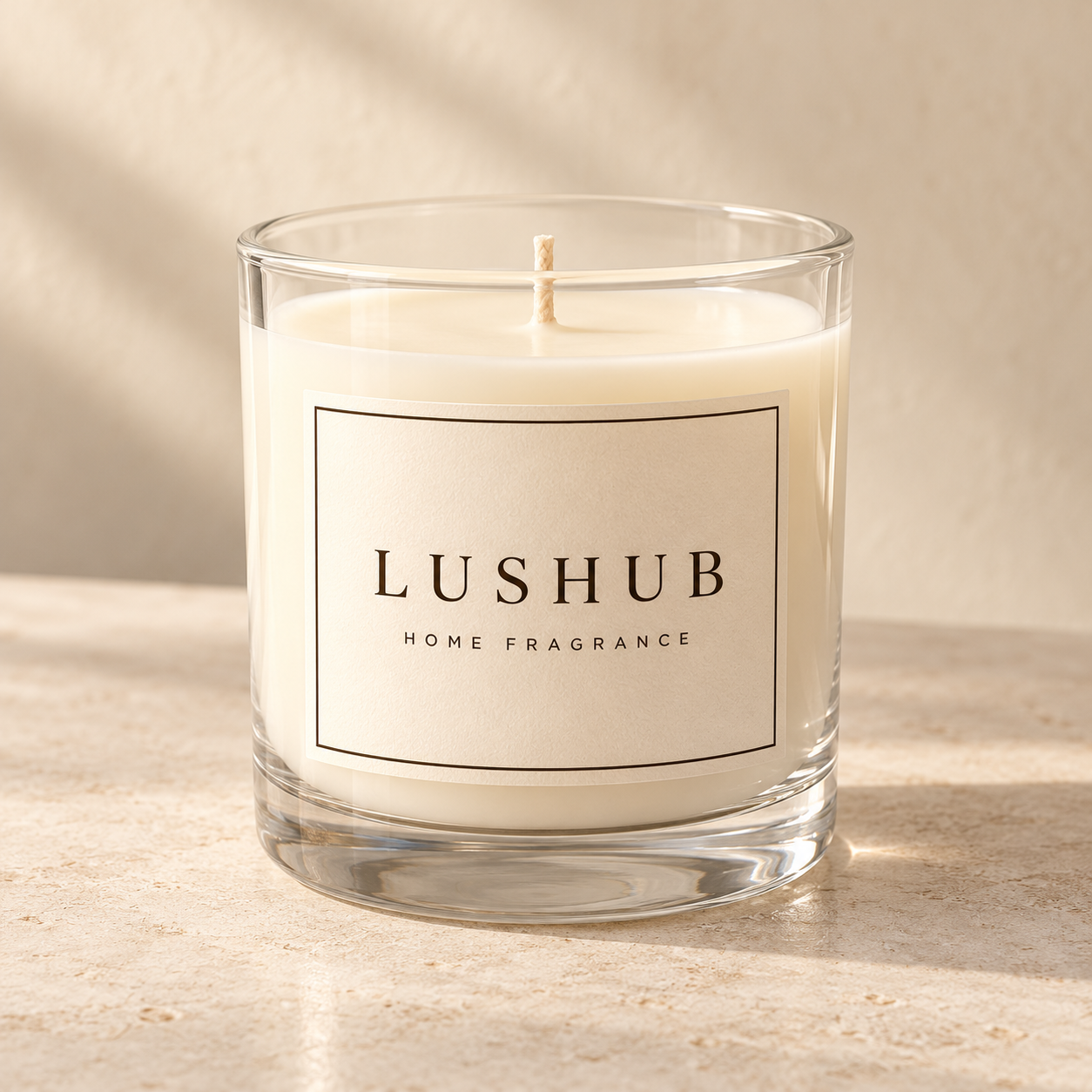 LusHub Clear Vessel candle design mockup