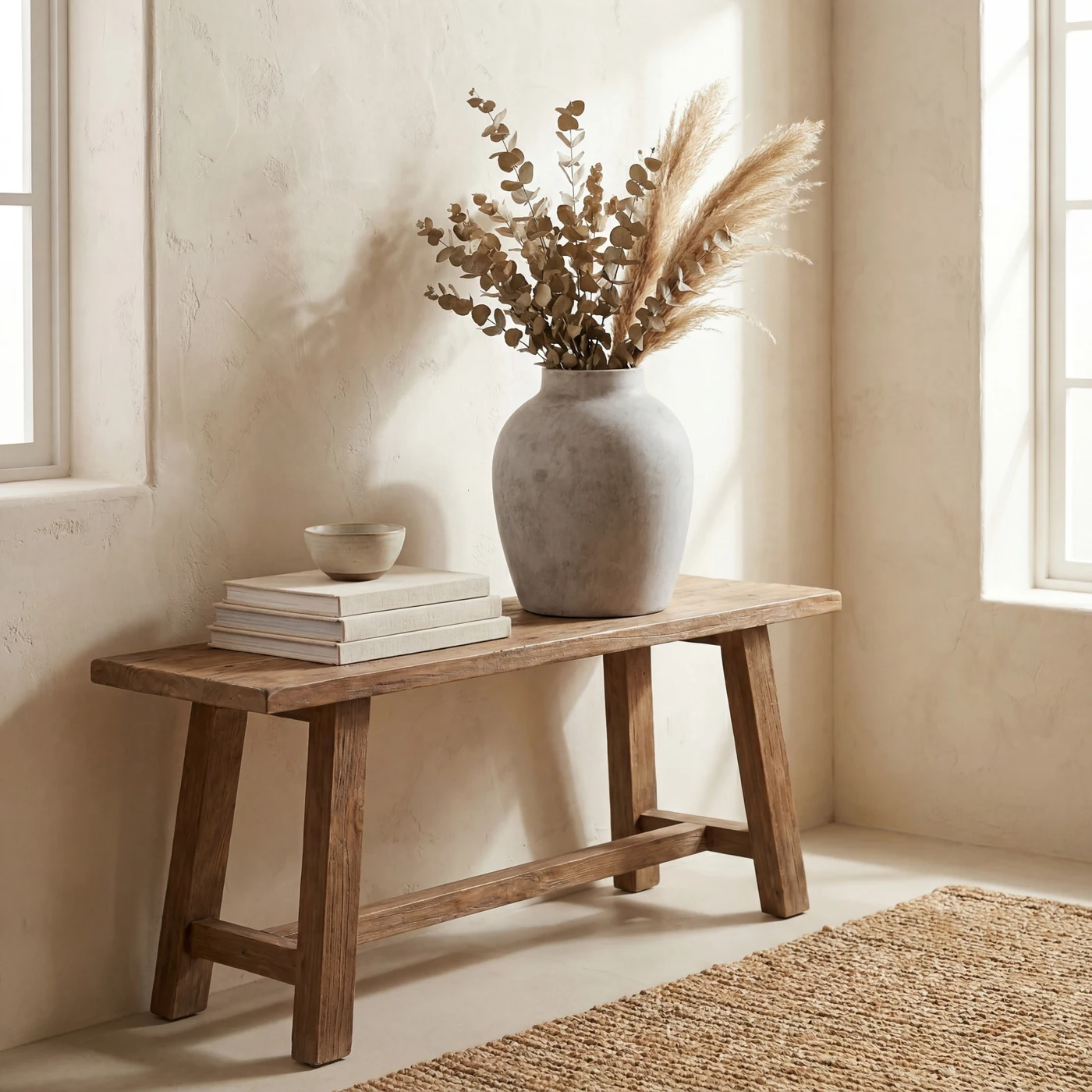 Textured ceramic vase styled with natural tones and warm wood